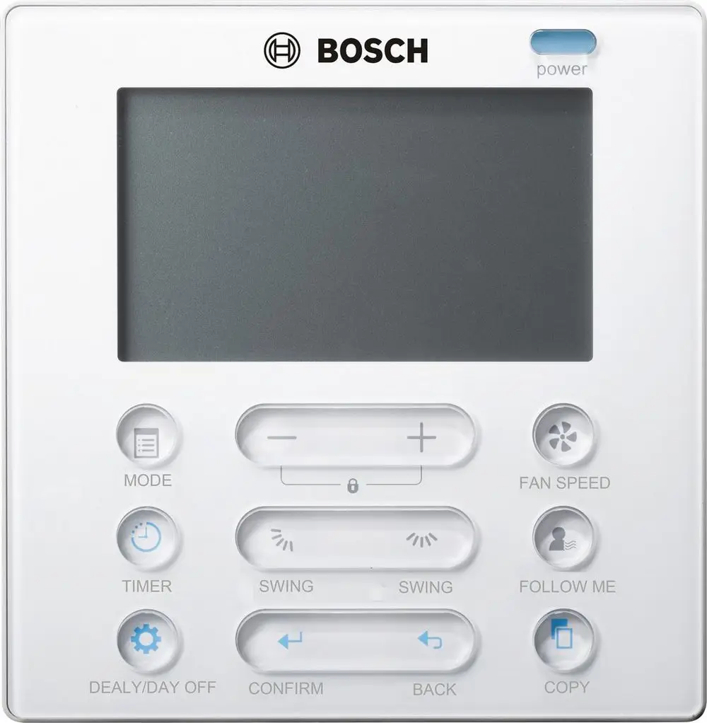 Weißes Bedienfeld mit mehreren Tasten, einschließlich Mode, Timer, Fan Speed und Swing. Oben rechts befindet sich ein Power-Indicator. Marke: Bosch.